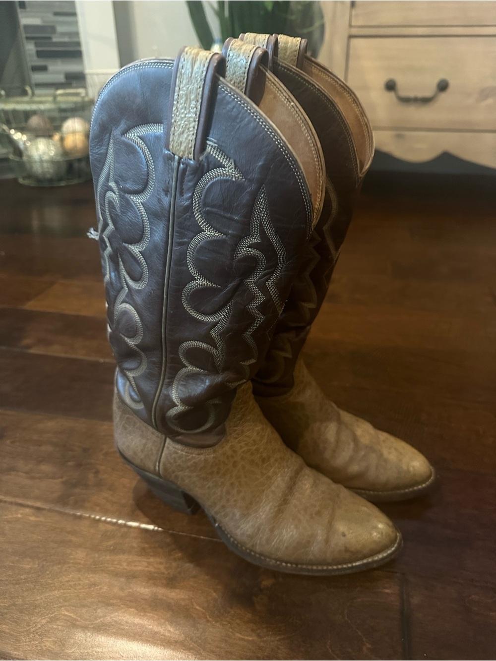 Vintage Tony Lama Two-Tone Western Cowboy Boots - Brown and Dark Brown